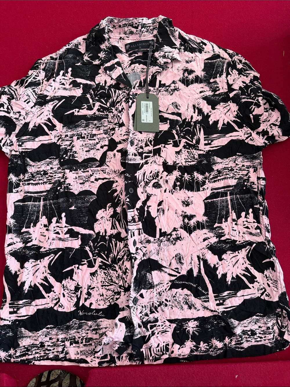 All Saints Black and Pink Tropical Print Short Sleeve Shirt